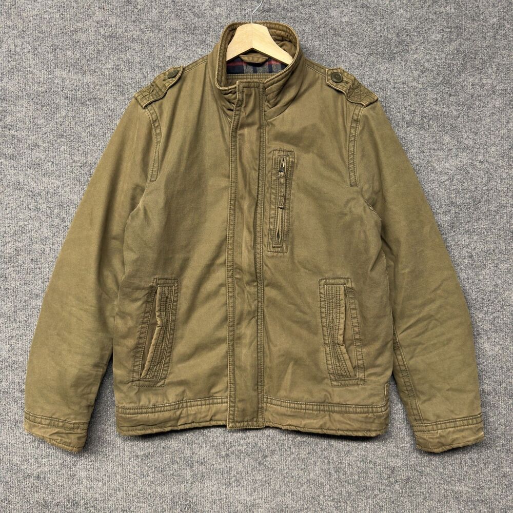 VTG American Eagle Canvas Military Jacket Mens M Green Plaid Lined Full Zip Y2K